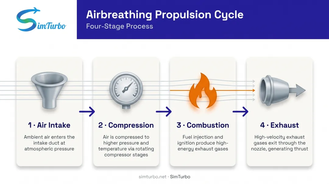 Four-stage airbreathing engine operational cycle from intake through exhaust with thrust generation