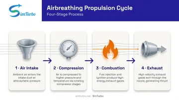 Four-stage airbreathing engine operational cycle from intake through exhaust with thrust generation