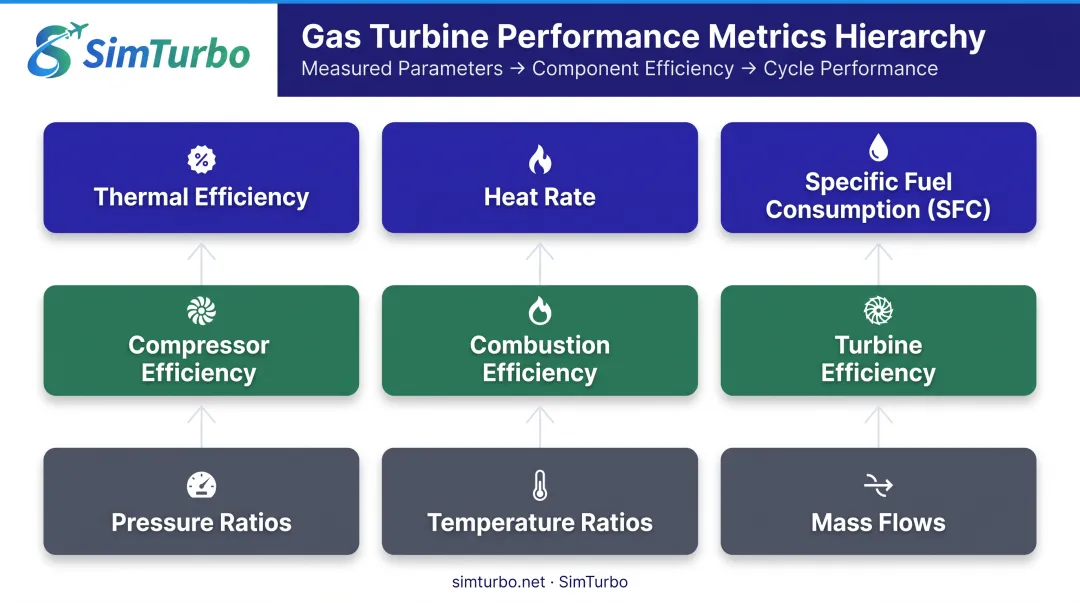 Gas turbine thermodynamic performance metrics hierarchy and calculation relationships