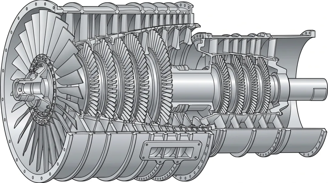 Industrial gas turbine compressor section cutaway showing blade rows and flow path geometry