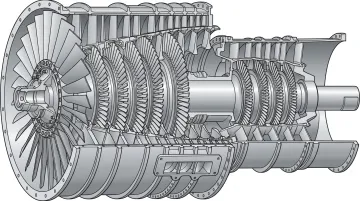 Industrial gas turbine compressor section cutaway showing blade rows and flow path geometry