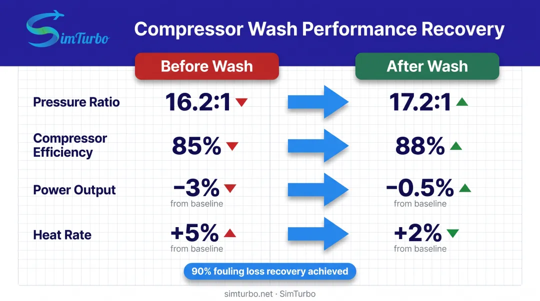 Before and after compressor wash performance recovery comparison showing key metrics improvement