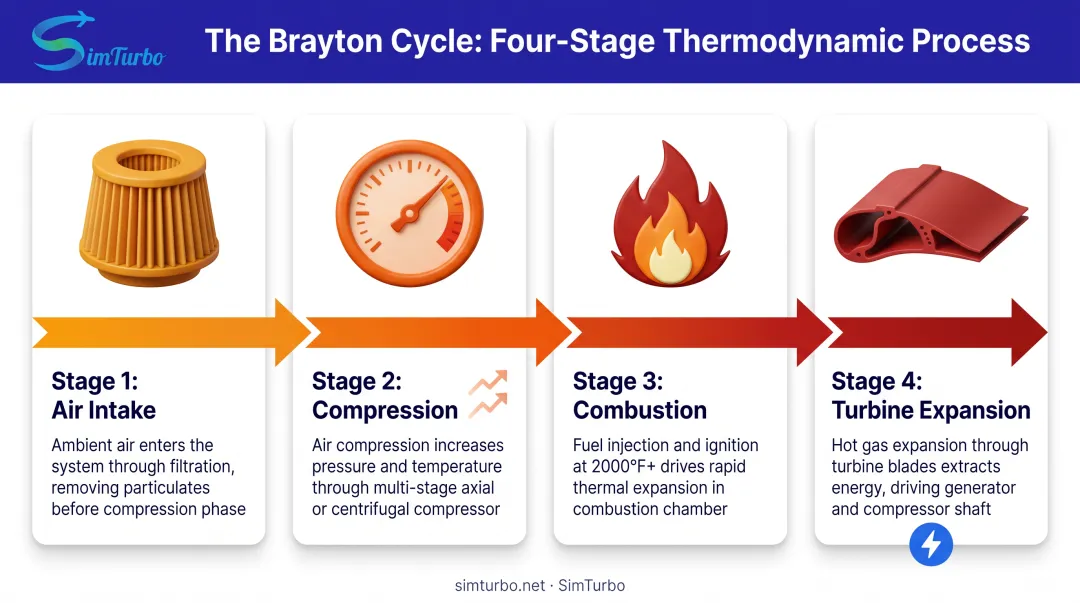 Brayton cycle four-stage process flow from air intake through compression combustion and turbine expansion