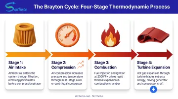 Brayton cycle four-stage process flow from air intake through compression combustion and turbine expansion