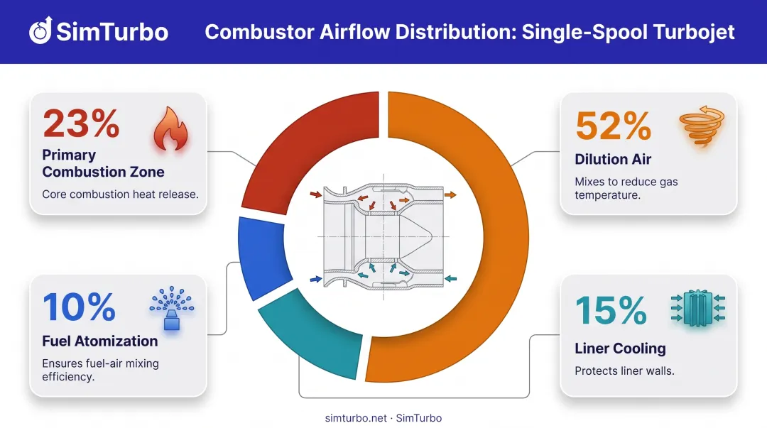 Combustor airflow distribution breakdown showing 23 percent combustion 52 percent dilution and cooling percentages