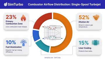 Combustor airflow distribution breakdown showing 23 percent combustion 52 percent dilution and cooling percentages