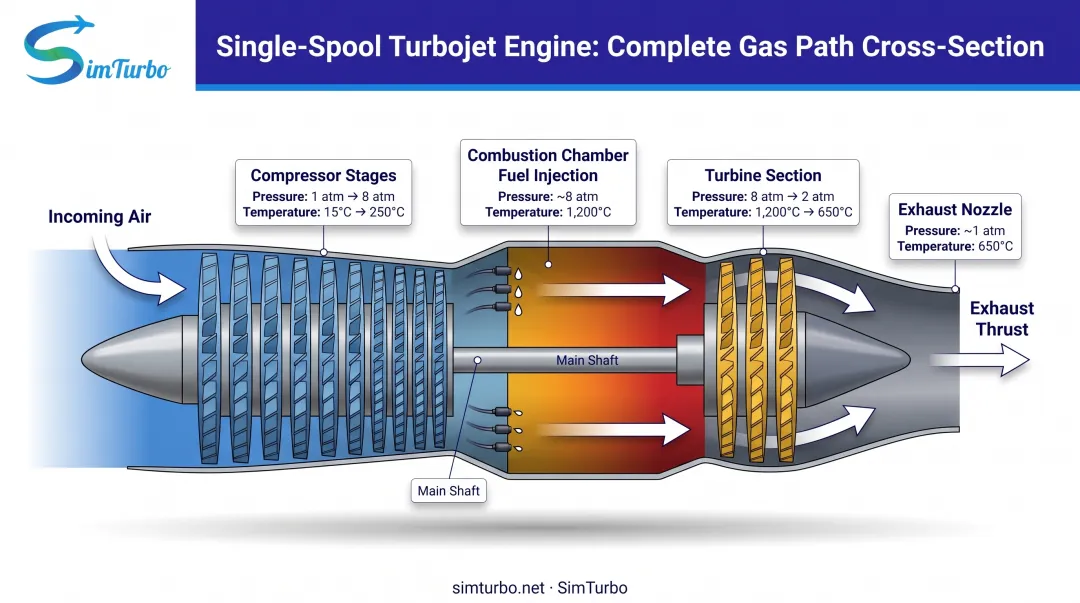 Single-spool turbojet cross-section showing air intake compression combustion turbine and exhaust flow path