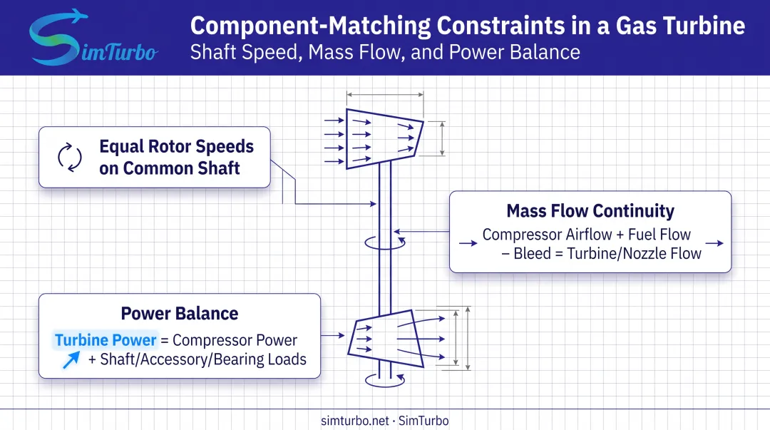 gas turbine component matching equations diagram shaft speed mass flow power balance