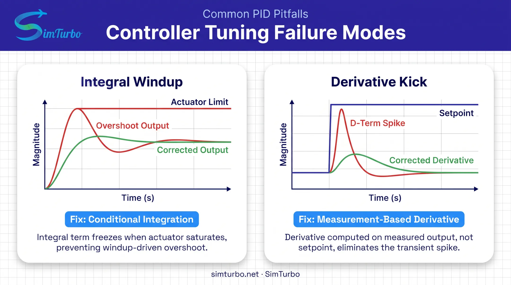 Integral windup versus derivative kick comparison in PID control loops