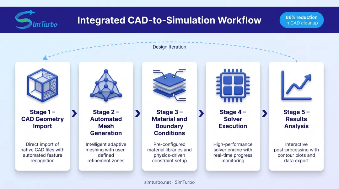 Five-step CAD to thermal simulation workflow integration process from geometry to results