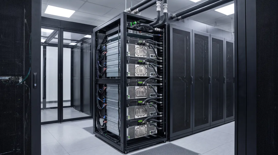 Modern data center server rack with high-power GPU cooling system and thermal management infrastructure