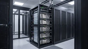 Modern data center server rack with high-power GPU cooling system and thermal management infrastructure