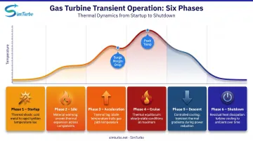 Gas turbine transient thermal behavior timeline from startup through cruise to shutdown phases
