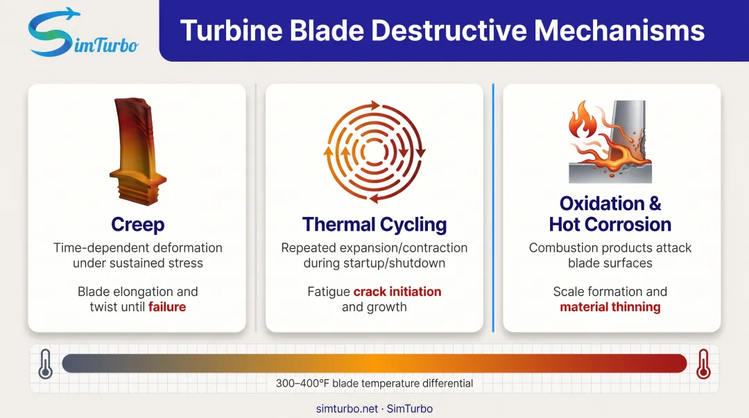 Three destructive mechanisms affecting turbine blades creep thermal cycling and oxidation breakdown