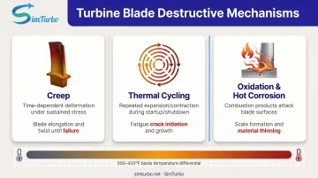 Three destructive mechanisms affecting turbine blades creep thermal cycling and oxidation breakdown