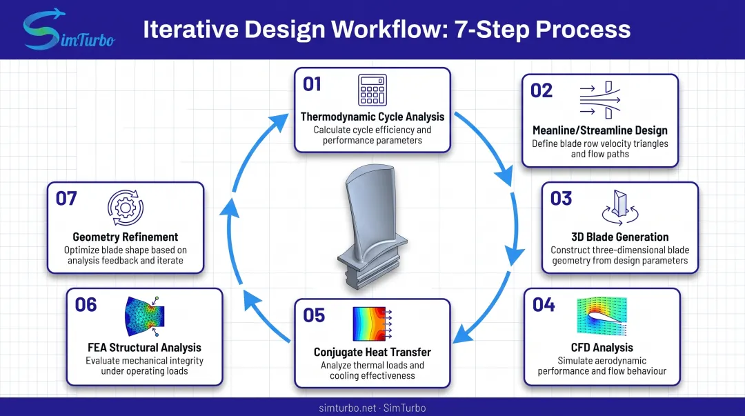 Seven-step turbine blade design workflow from cycle analysis to geometry refinement