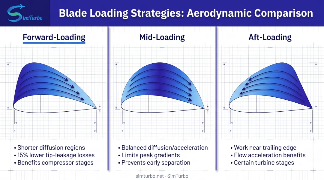 Streamwise blade loading strategies comparison forward mid and aft loading distributions