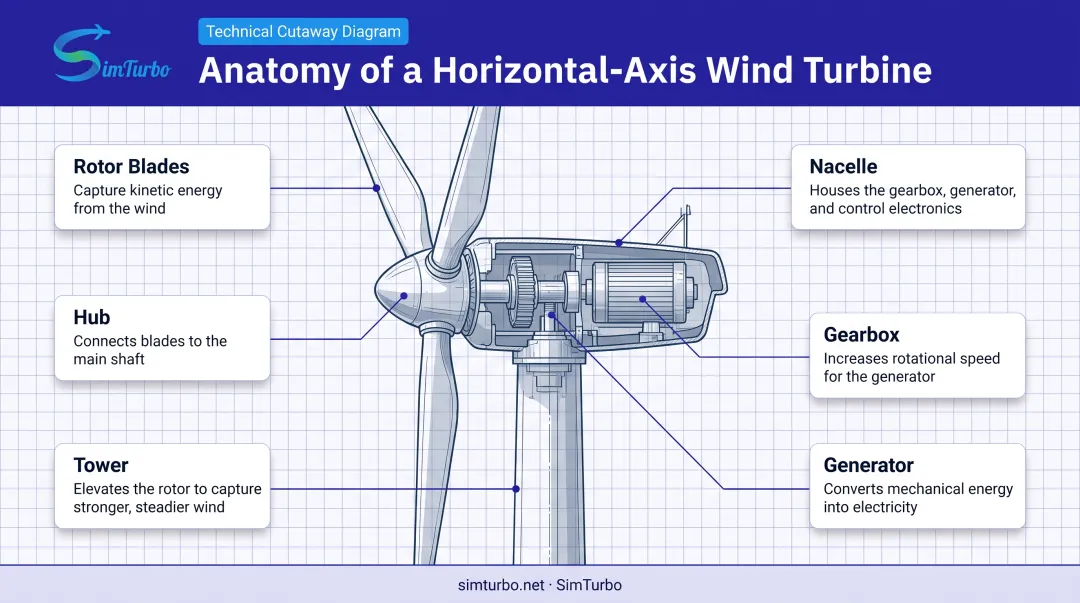 Wind turbine components diagram showing rotor blades hub nacelle and tower