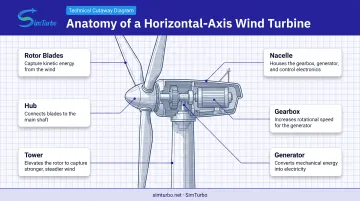 Wind turbine components diagram showing rotor blades hub nacelle and tower