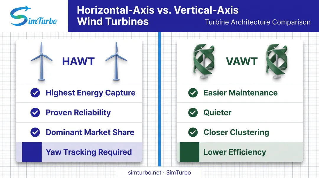 HAWT versus VAWT design comparison chart with strengths and limitations