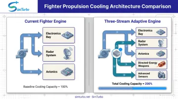 Thermal management comparison showing doubled cooling capacity of three-stream adaptive engines