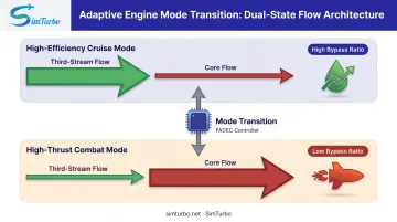 Adaptive cycle engine mode transition from high-efficiency cruise to high-thrust combat configuration