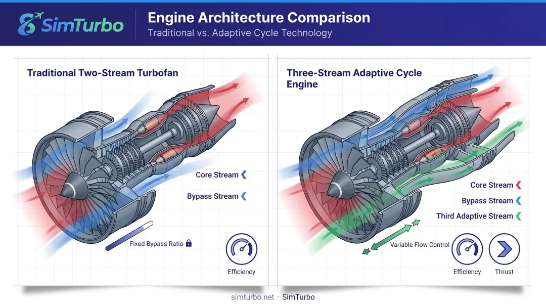 Comparison of fixed two-stream turbofan versus adaptive three-stream engine airflow configurations