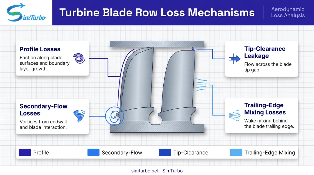 Four major loss mechanisms in axial turbine aerodynamic optimization diagram