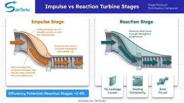Impulse versus reaction turbine stage comparison showing pressure drop distribution