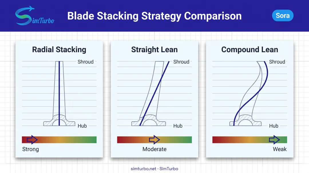Blade stacking strategies comparing radial straight lean and compound lean designs