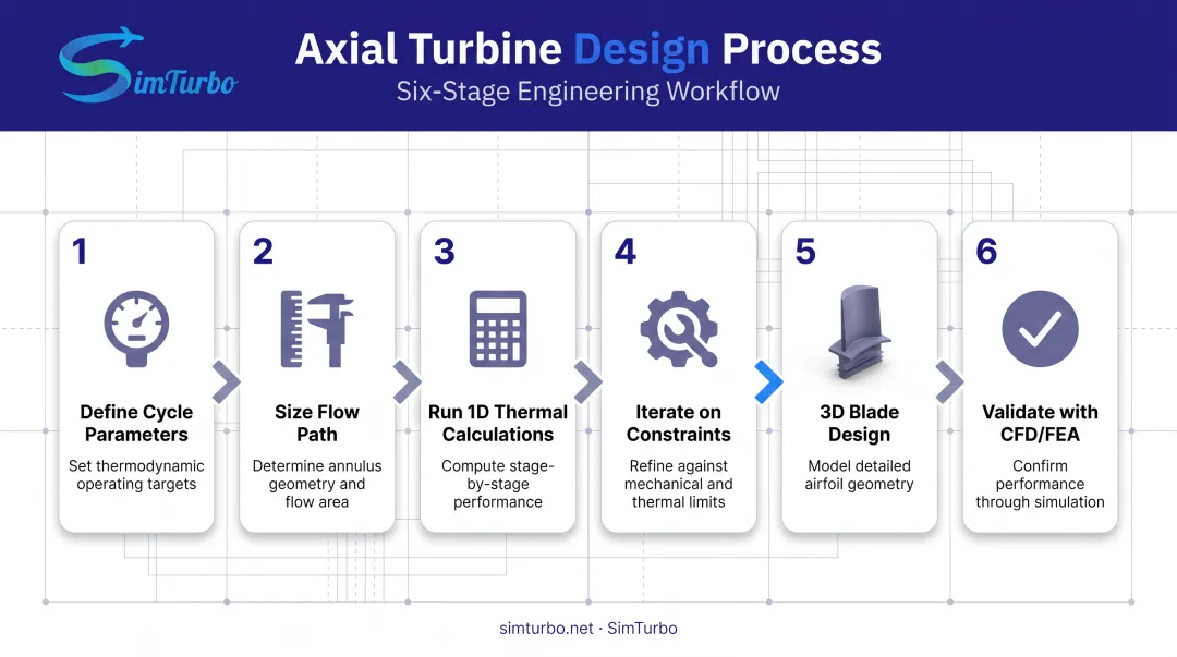 6-step axial turbine design process from cycle definition to CFD validation