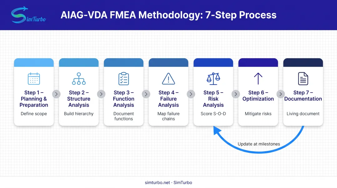 Seven-step AIAG-VDA FMEA process workflow from planning through documentation