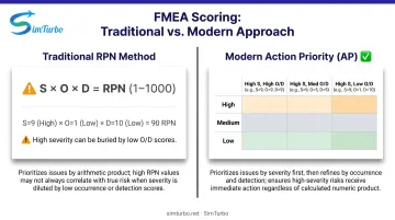Traditional RPN versus modern Action Priority FMEA scoring methodology side-by-side comparison