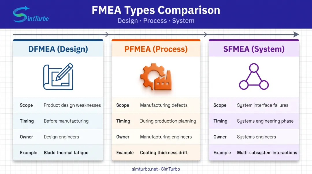 DFMEA PFMEA and SFMEA types comparison showing scope timing and ownership differences