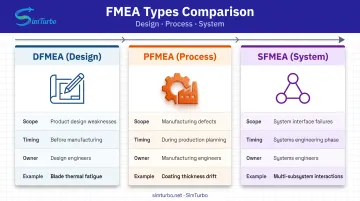 DFMEA PFMEA and SFMEA types comparison showing scope timing and ownership differences