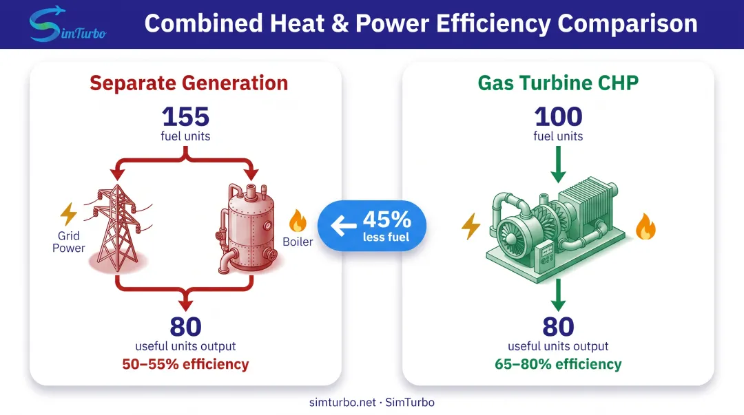 Separate heat and power versus gas turbine CHP fuel efficiency comparison diagram