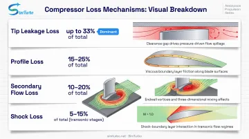 Four primary aerodynamic loss mechanisms in axial compressor stages breakdown