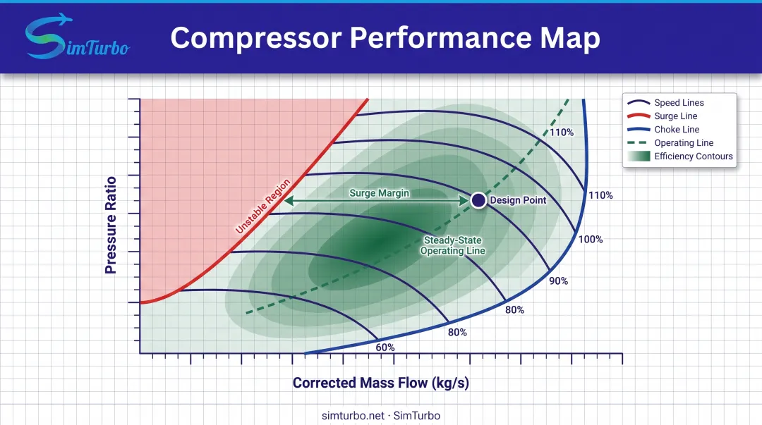 Gas turbine compressor performance map showing pressure ratio efficiency and operating boundaries
