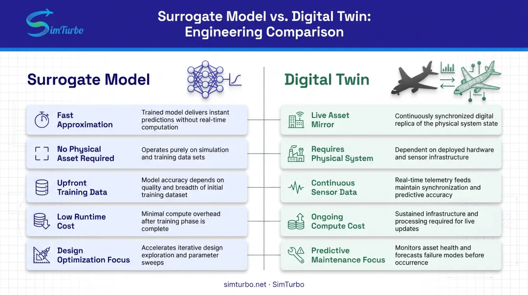 Surrogate model versus digital twin side-by-side comparison of purpose data and applications