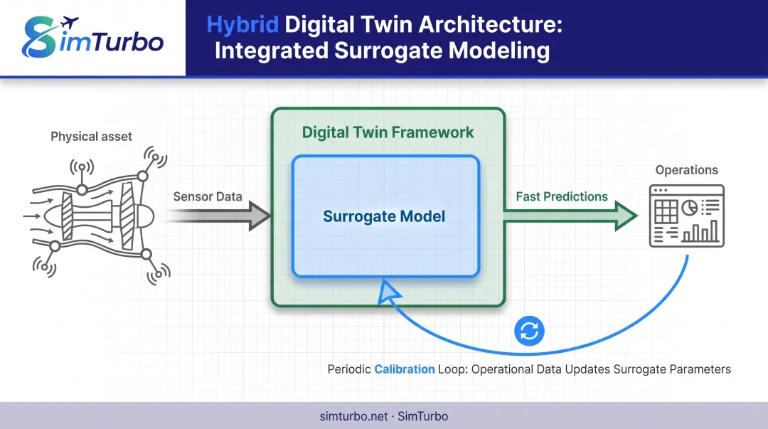 Hybrid surrogate model and digital twin framework architecture showing integration and data flow