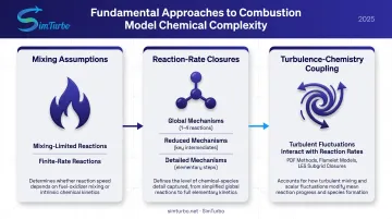 Three-pillar combustion modeling framework showing mixing assumptions reaction-rate closures and turbulence-chemistry coupling