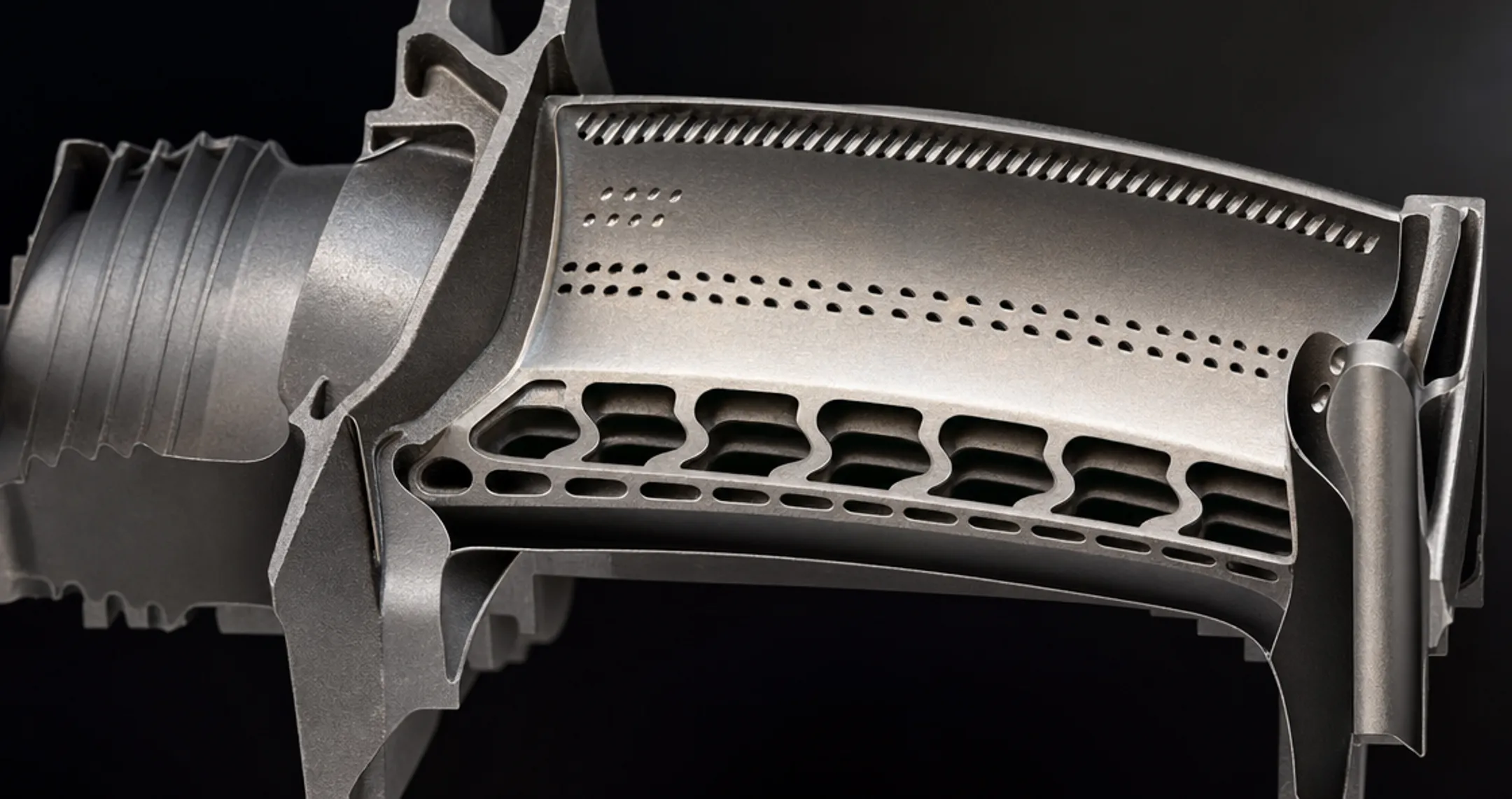 Turbine blade cooling channels and heat-resistant alloy construction close-up