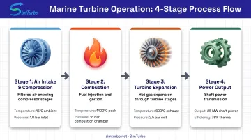 Marine gas turbine Brayton cycle operation process flow from air intake to power extraction