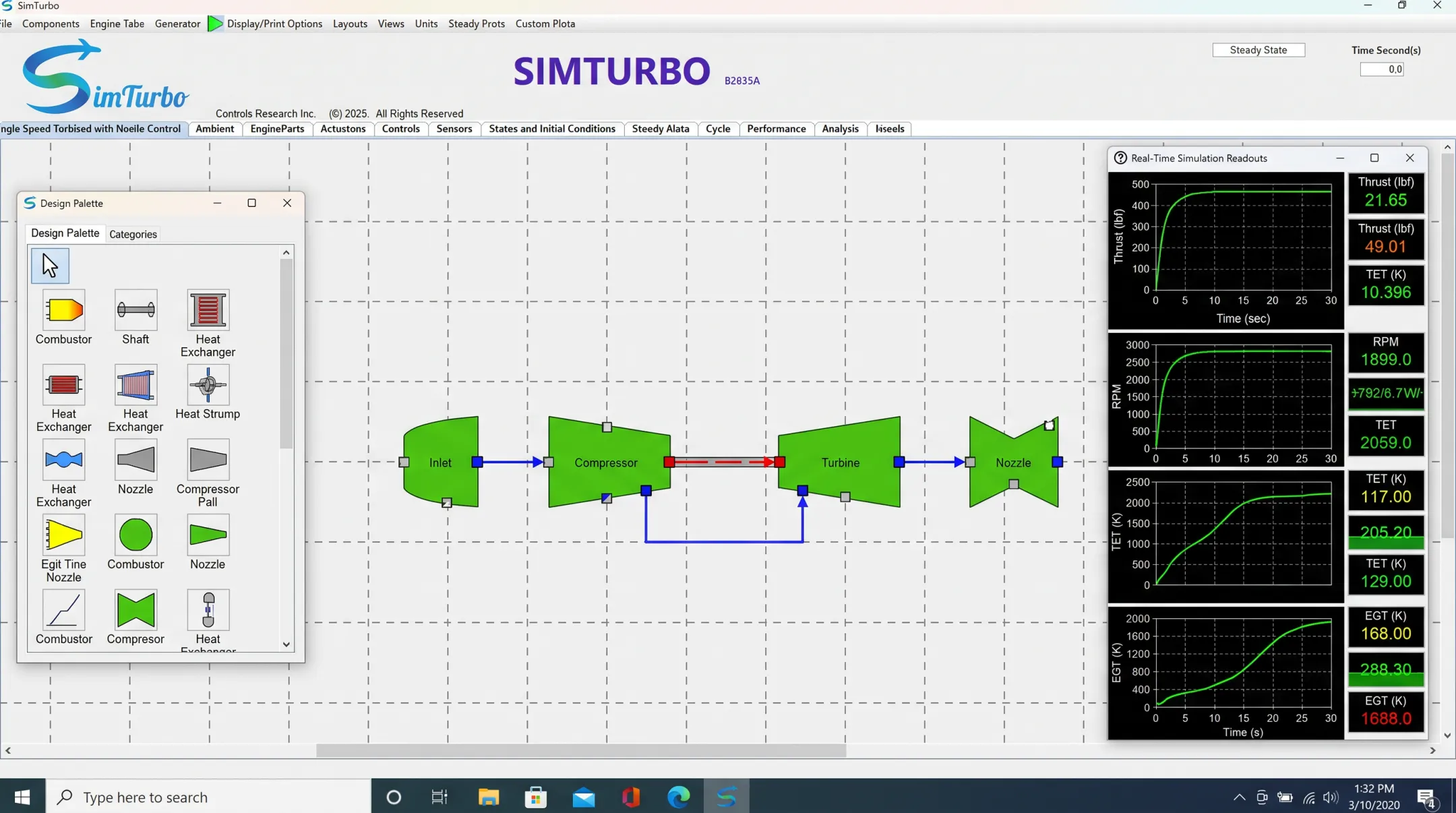 SimTurbo drag-and-drop interface showing connected turbine engine components