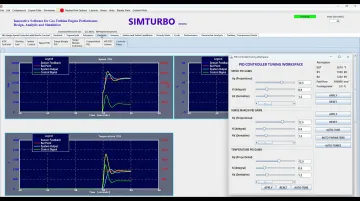 SimTurbo software interface displaying PID controller tuning parameters and real-time system response graphs