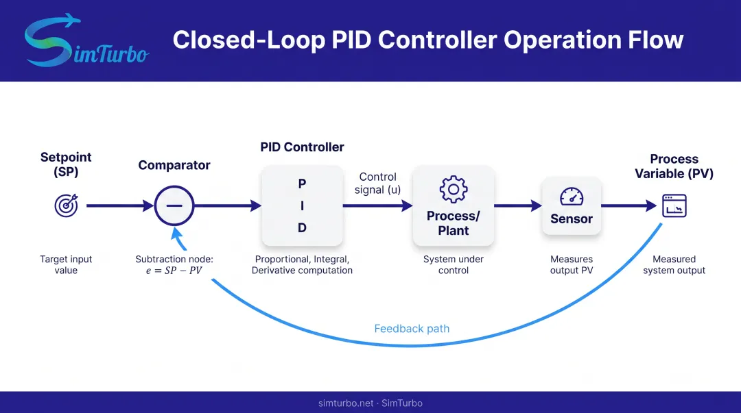 PID controller closed-loop feedback system diagram showing setpoint to error calculation to control output flow