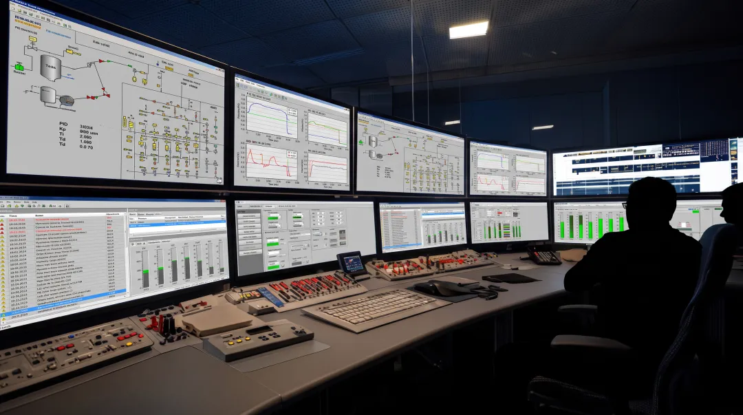 Industrial control room with multiple PID-controlled process loops displayed on monitoring screens