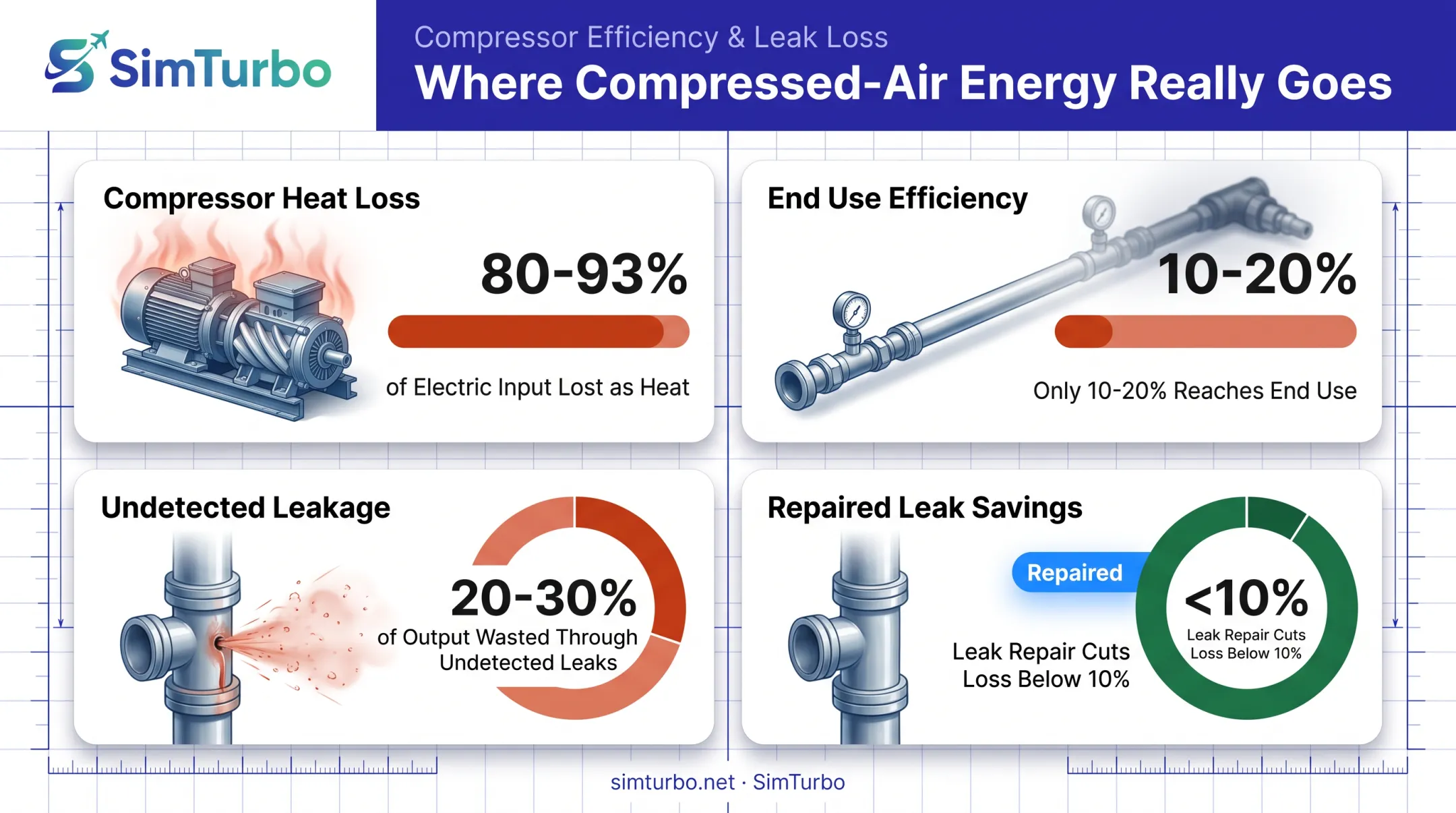 Compressor energy loss statistics showing leakage and inefficiency percentages