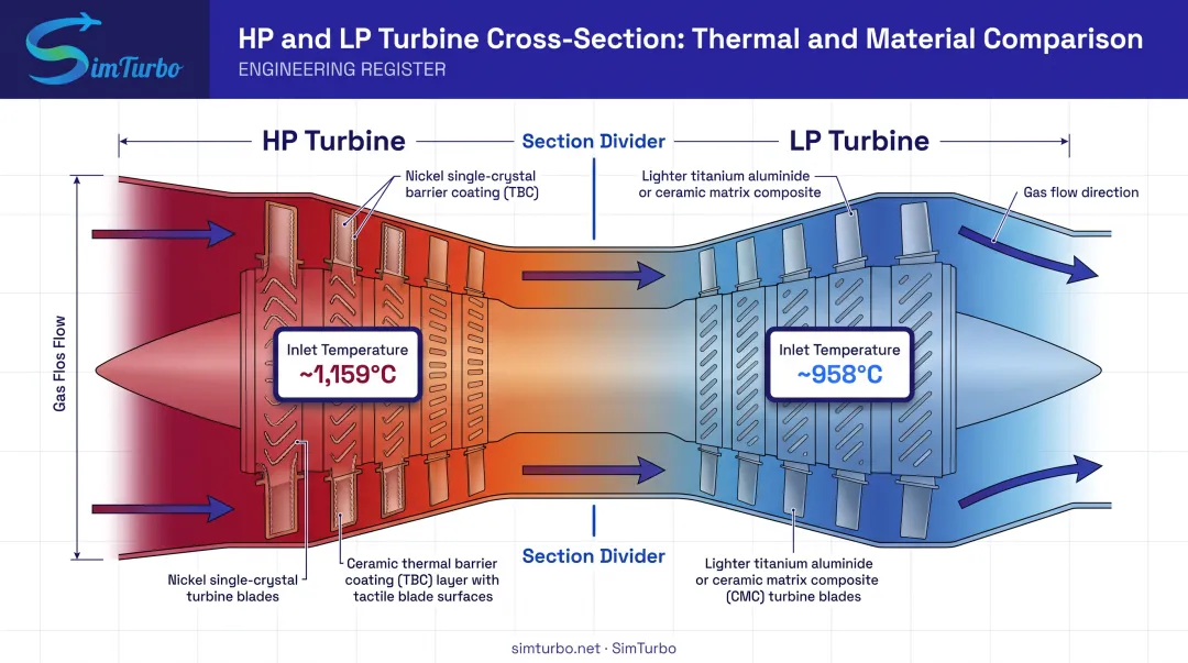 HP versus LP turbine section temperature pressure and material differences diagram