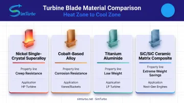 Gas turbine blade material comparison chart by temperature and application